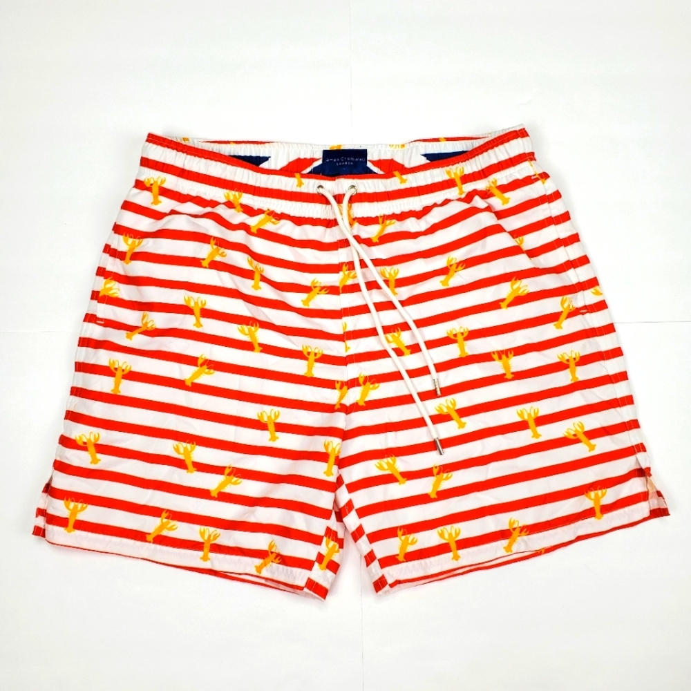 Red Stripe Lobsters Swim Shorts Beach White Small S James Cromwell London